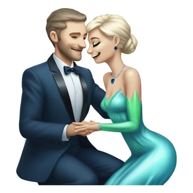 alien reptilian green skin woman, in long slim pastel blue formal party satin dress with gradient shiny sparkling navy blue diamonds embroidered , and caucasian man in black dres on his knees asks her to marry her sticker