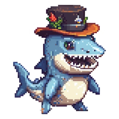 pixel art style cartoon shark, tophat, playful sticker