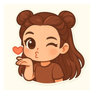 Create a chibi sticker of the girl blowing a kiss and winking, playful and sweet, featuring the double bun hairstyle as shown in the reference image. sticker