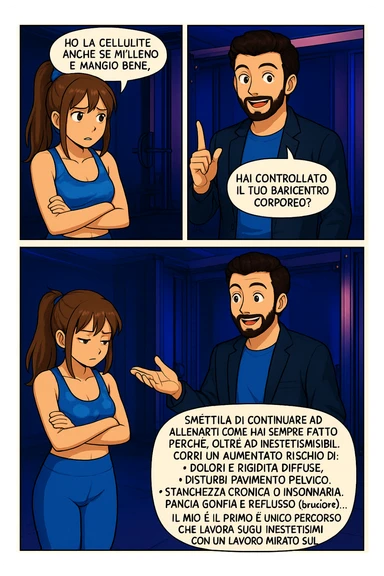 TRASFORMA QUESTO CAROSELLO IN UN FUMETTO STILE MANGA A COLORI CON QUESTE DUE PERSONE IDENTICHE CHE INTERLOQUISCONO TRA LORO:

LUI (UOMO): Smettila di continuare ad allenarti come hai sempre fatto perché, oltre ad inestetismi visibili, corri un aumentato rischio di:
    • dolori e rigidità diffuse
    • disturbi pavimento pelvico
    • stanchezza cronica o insonnia
    • pancia gonfia e reflusso (bruciore)
    • etc… sticker