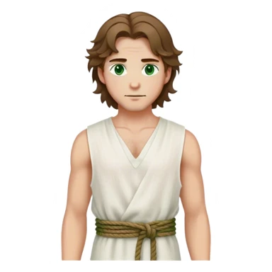 medieval summer outfit worn by a DnD themed fantasy male character. thin sleeveless linen tunic with a deep V-neck and a loosely tied rope belt. clothes only above the waist. The clothes full waist. The character's haven't arms. character is white-skinned, brown hair, green eyes, shoulder-length wavy hair. sticker