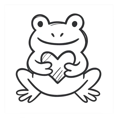 hand drawn frog holding a green heart, black outline style sticker