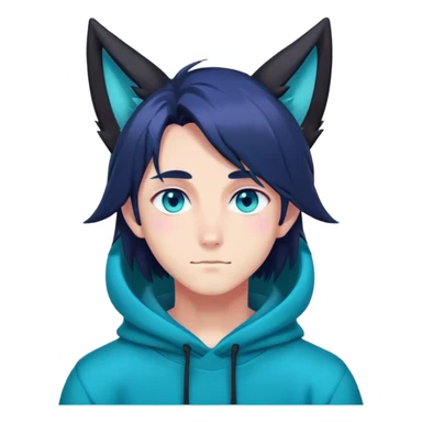 anime man with straight long dark-blueish-black-gradient hair, long black fox ears with pink Scapha, turquoise eyes, dark-blue-sweater sticker
