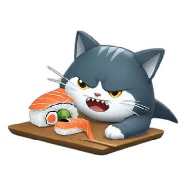 a very angry cat eating a sushi shark sticker