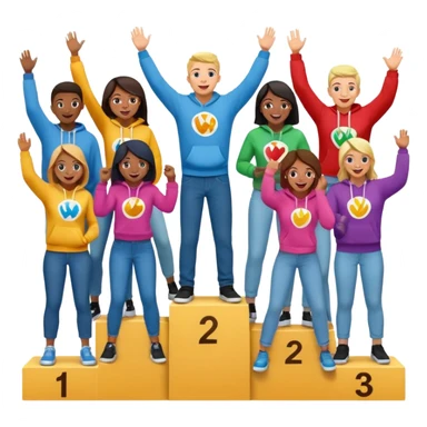 multi-racial group on an un-numbered winners’ podium, middle step higher, all in colorful jeans, t-shirts, and hoodies, excited, fun, expressive emoji style sticker