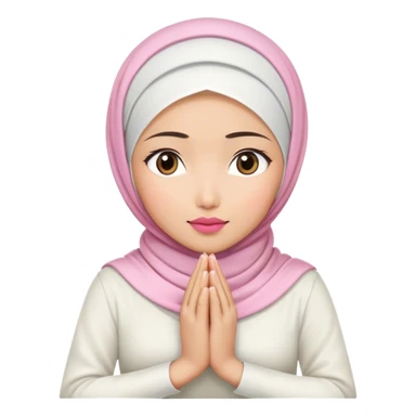 An Asian woman, white hijab women are listening with her hands folded on the table. her lips is pink. sticker