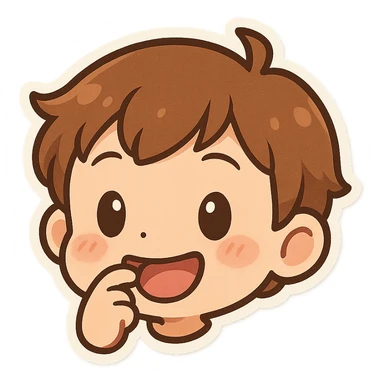 cartoon face smiling while biting fingernail, cheerful mood sticker