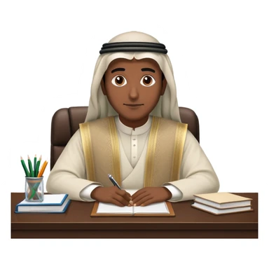 Saudi man in traditional attire sitting at a desk sticker
