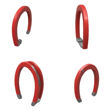 A horseshoe magnet, as used to pick up iron. Depicted at various angles in red with silver-tipped poles. sticker
