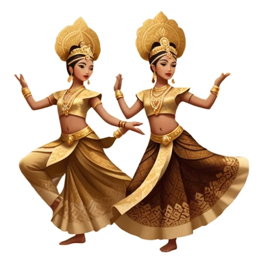 ​Cinematic Realistic Traditional Javanese Dancers, depicted as two graceful dancers in ornate traditional costumes with intricate batik patterns and elaborate headpieces, captured in dynamic poses during a ritual dance in an ancient temple courtyard, rendered with soft golden lighting and rich cultural textures, sticker