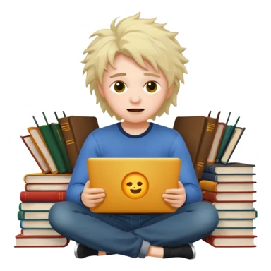 a student crashing out with the laptop on the lap and books on the side -  an emoji for the emoji keyboard  sticker