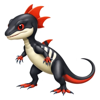 Black and white Orca-reptile-reptilian-lizard-skink-gecko-Digimon-Fakémon-hybrid full body, two legs, two arms, claws, tail, with red stripe sticker