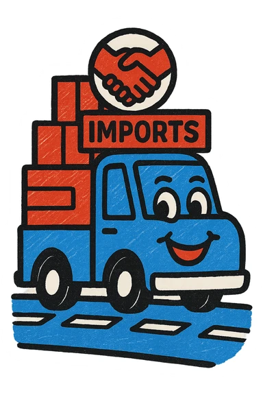 A cheerful icon of a truck driving on a highway with imported goods and a partnership symbol, using only colors #1E90FF, #F13816, and #FFFFFF sticker