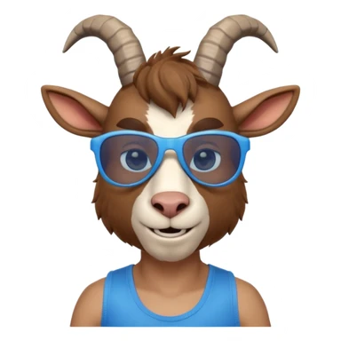 3D cartoon goat man portrait, head and shoulders, brown fur, small horns, blue reflective sunglasses, slight smile, tank top, soft lighting, centered, clean background, no text, no watermark
 sticker