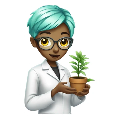 cybernetic scientist wearing a lab coat and holding a small plant, woman with green pixie cut with undercut sticker