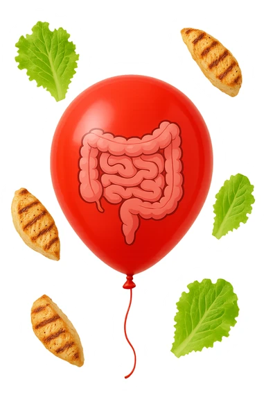 intestino chiuso in un palloncino rosso e foglie di insalata e petto di pollo grigliato che fluttuano intorno sticker