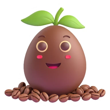 arabica coffee bean shaped, friendly expression, 3D style, proportional dimensions 7x4 cm sticker