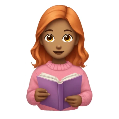 Asain brown orange hair girl reading book with pink sweater sticker