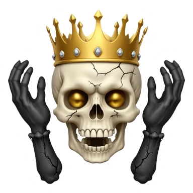 Demonic 3D skull holding its head by its two hand in shock, mouth open, wearing a golden crown, horror vibe sticker