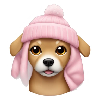 small tan colored dog wearing a soft pink beanie with a pom pom bundled in a pink christmas blanket sticker
