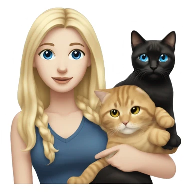 White girl, long blonde hair, blue eyes holding a black tabby cat sticker