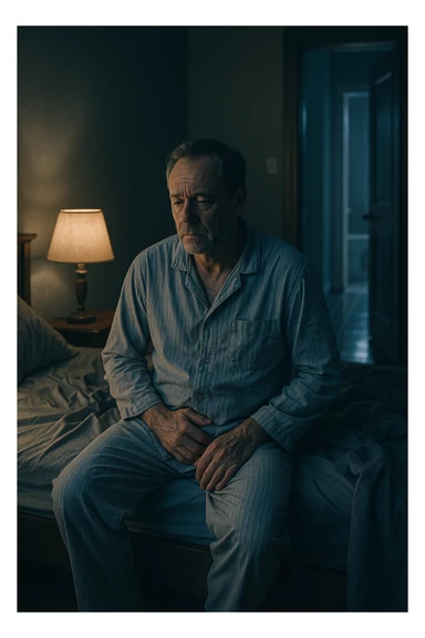 A nighttime scene inside a dimly lit bedroom. A man in his 50s sits stanco sul bordo del letto, con lo sguardo perso nel vuoto, mentre una luce fioca proviene dalla lampada sul comodino. Indossa un pigiama spiegazzato, e si tiene leggermente la zona bassa dell’addome. Dietro di lui, il letto è visibilmente disfatto, segno di sonno interrotto. Una porta socchiusa sullo sfondo mostra la luce accesa in bagno, con il pavimento riflettente che indica i numerosi passaggi notturni. Il tono è cupo ma realistico, con colori freddi, blu e grigi, e un leggero bagliore lunare che filtra dalla finestra. Stile: 35mm film, profondità emotiva, dettaglio ambientale. in italiano sticker