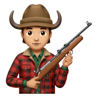 Man wearing buffalo plaid jacket with plaid hat, holding rifle sticker