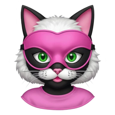 a black cat with pink mask and shirt, half upon
 sticker