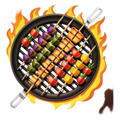Grilled dishes avatar in bright emoji-style illustration. Skewers, BBQ, and grilled vegetables, warm fire tones, simple shapes, flat design, high contrast, tasty and inviting. sticker