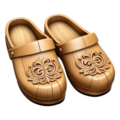 Cinematic Realistic Wooden Clogs Emoji, depicted as a pair of traditionally carved weathered wooden clogs with intricate details and rustic charm, rendered with rich textures and warm natural lighting that captures their cultural heritage. sticker