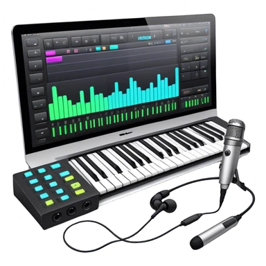 Create a professional and artistic emoji that represents writing music tracks. The design should feature a digital audio workstation (DAW) screen with visible waveforms, a MIDI keyboard, and a high-quality microphone to symbolize the tools used in music production. Add elements like studio headphones and an audio interface to reflect the technical aspects of creating a track. Use sleek, modern colors like silver, black, and neon accents to convey the professional environment of music composition. The background should be transparent. sticker