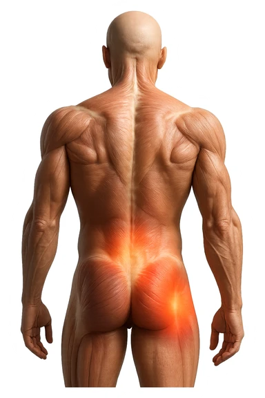 CORPO UMANO ANATOMICO REALISTICO DI SPALLE CON DOLORE ALLA LOMBARE INFIAMMATA, DOLORE ALL'ANCA, IPERREALISTICO 4K sticker