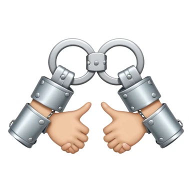 An emoji of two hands cuffed behind the back with metallic handcuffs. The wrists are slightly tilted inward, showing restraint. The handcuffs have a reflective silver surface, symbolizing arrest, punishment, or law enforcement. Simple, cartoon-style design sticker