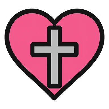 gothic heart with a silver cross, color icon filled style, pink and black sticker