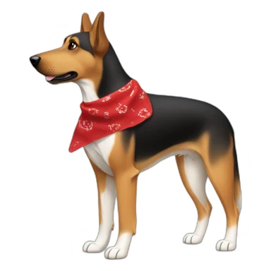 75% Coonhound 25% German Shepherd mix dog wearing small plain red bandana side view full body in profile left facing sticker