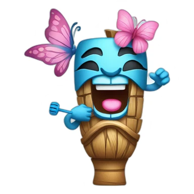Cartoon Blue and pink tiki singing with butterfly and in the mikrophone sticker