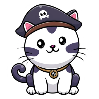 pirate cat with tricorn hat, beads in fur, mischievous expression sticker