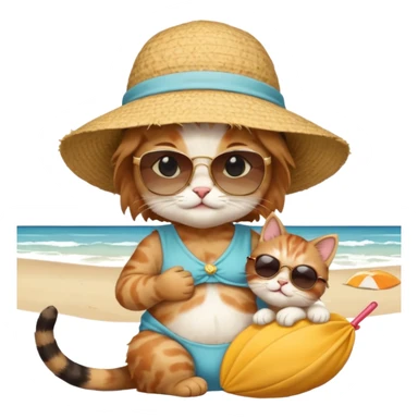 A cat carrying a baby centered on a beach sticker