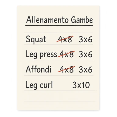 foglio di carta con scheda di allenamento gambe in italiano con volume di allenamento ridotto (fai alcuni esercizi con 4x8 scritti in precedenza sbarrati in rosso e la correzione accanto tipo 3x6), scrivila al meglio che puoi sticker