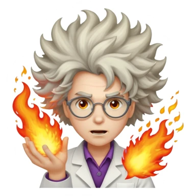 A mad scientist was crazy hair and an explosion sticker