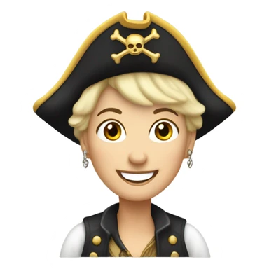 smiling older white woman with earrings and short blond hair wearing  pirate hat sticker