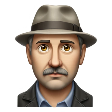 Russian book writer Alexander Kuprin Photorealism A plump serious man of Slavic appearance with Small eyes with goatee beard and mustache, with a  short haircut, big detailed face, wrinkled face, wearing a fedora hat sticker