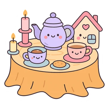 stump table with tea set and candles, kawaii cottagecore vibes, pastel colors, pastel-toon style sticker