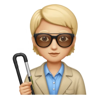 A blind person wearing sunglasses and holding a guide cane sticker
