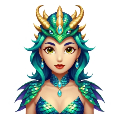 A gorgeous dragon woman with glittering jeweled scales covering her body and face. She has large almond shaped eyes, lush lips, and she wears a stunning luminescent gown. sticker