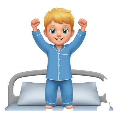 Use the same 3 year old blonde boy with blueish-green eyes, it should be the same boy as before  happy with plain blue pajamas raising both arms up and hands like fists, on the bed, the bed should be gray sticker