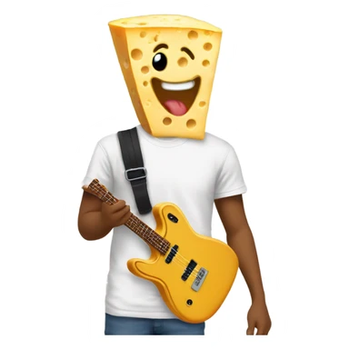 A slice of cheese with a goofy face wearing a band t shirt  sticker