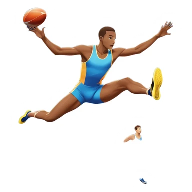 An icon showcasing  a sprinter in full speed, a high jumper soaring over the bar, a long jumper taking off, and a discus thrower in motion. The background features a vibrant stadium with cheering crowds, bright lights, and a clear sky.  sticker