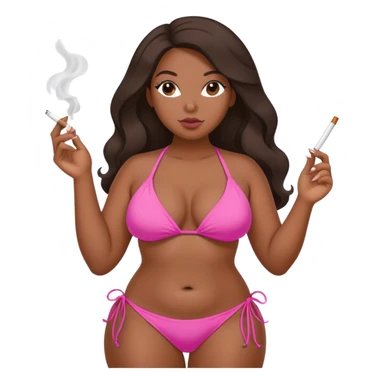 Curvy black long hair in pink bikini body sfw pose, smoking sticker