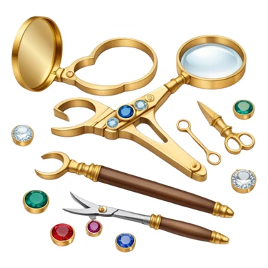 Create an icon that represents the art of jewelry making. The design should include a jeweler's workbench, tools like pliers, a magnifying glass, and various precious materials such as gemstones, gold, and silver. Feature a partially crafted piece of jewelry, like a ring or necklace, showcasing intricate details and craftsmanship. The composition should evoke elegance and precision, reflecting the skill and artistry of jewelry making. The background should be transparent. sticker